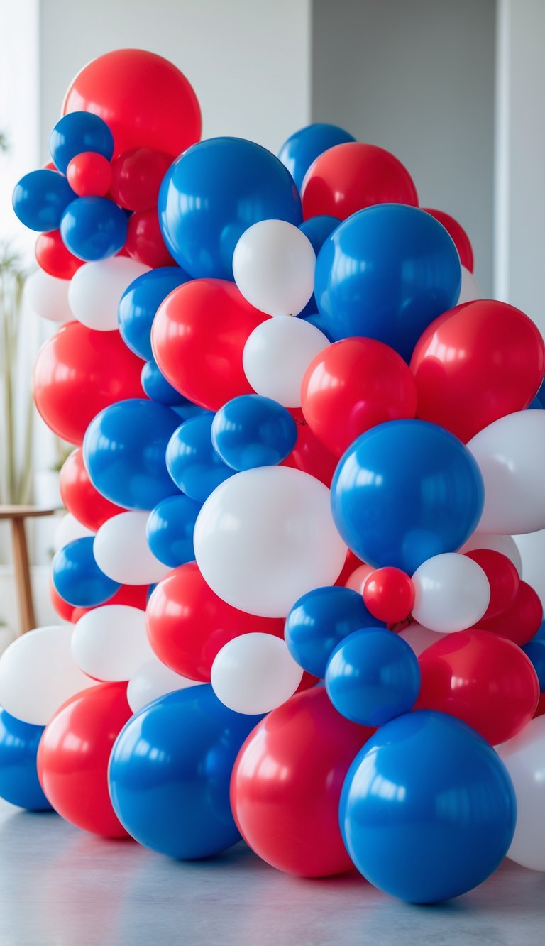 A colorful balloon garland made of red, white, and blue balloons arranged in a festive display.